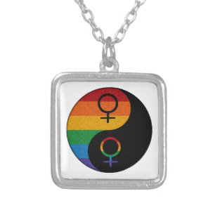 Rainbow Colored Lesbian Pride Yin and Yang Silver Plated Necklace