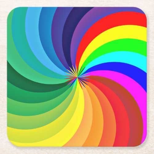 Rainbow Colored Mandala Geometric Design Square Paper Coaster