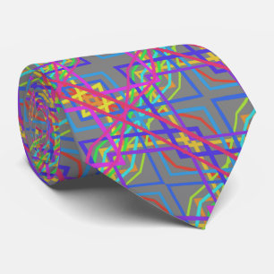 Rainbow Colored Mechanical Line Drawing On Gray Neck Tie