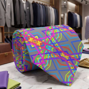 Rainbow Colored Mechanical Line Drawing On Gray Neck Tie