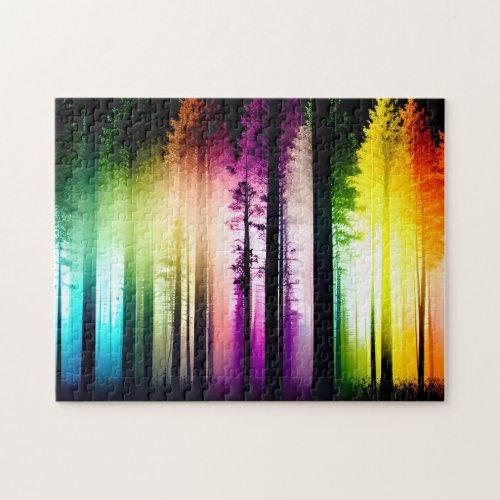 Rainbow Colored Mist in Black Silhouette Forest Jigsaw Puzzle