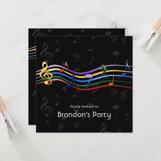 Rainbow Colored Music Notes Birthday Party Invitation (Front/Back In Situ)