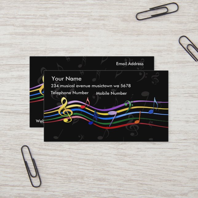 Rainbow Colored Music Notes Business Card (Front/Back In Situ)