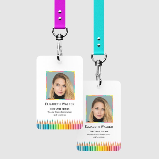 Rainbow Colored Pencils School Teacher Badge (School Employee Badge)