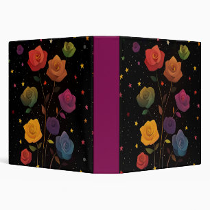 Rainbow Colored Roses Galaxy Stars Black Whimsical 3 Ring Binder