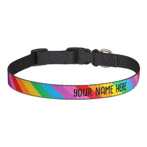 Rainbow colored stripes with name  pet collar
