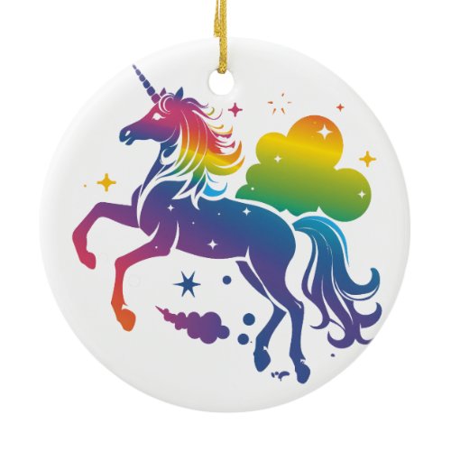 Rainbow colored unicorn design ceramic ornament
