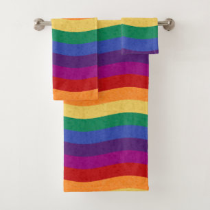 Rainbow Colored Wavy Lines Bath Towel Set