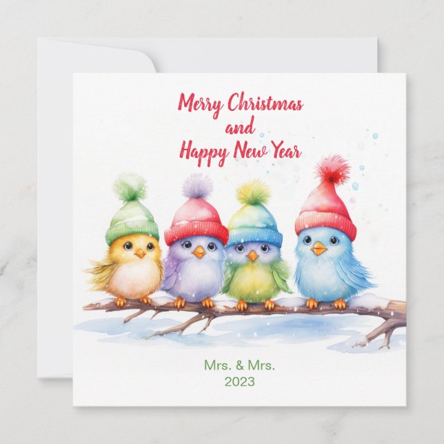 Rainbow Colorful Christmas Birds Holiday Card (Front)
