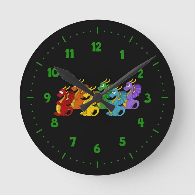 Rainbow colorful dragons cartoon  round clock (Front)