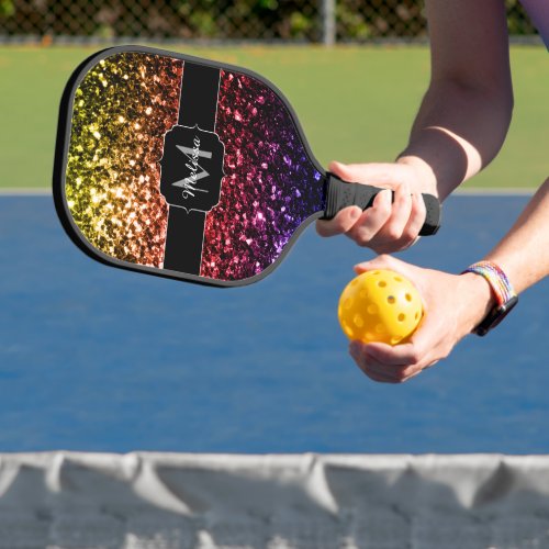 Rainbow colorful faux glitter sparkles Monogram Pickleball Paddle