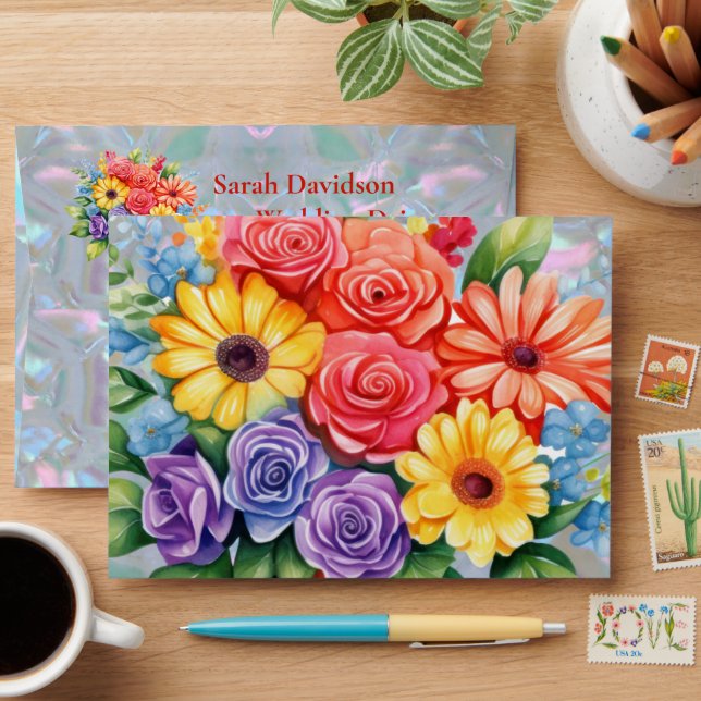 Rainbow Colorful Flowers Wedding Invitation Envelope (Desk)