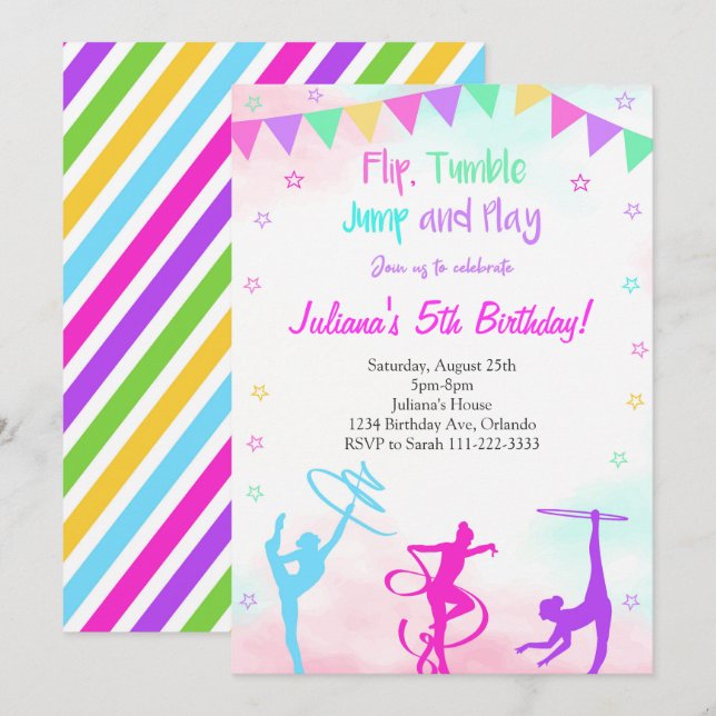 Rainbow Colorful Girls Gymnastic Birthday Invite (Front/Back)