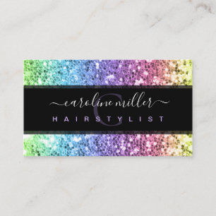 Rainbow Colorful Glitter Monogram Beauty Salon Business Card