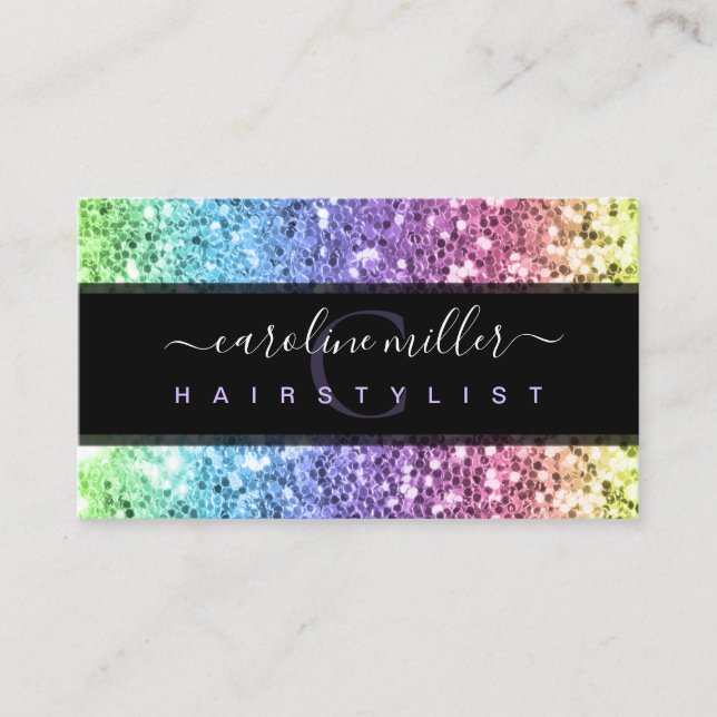 Rainbow Colorful Glitter Monogram Beauty Salon Business Card (Front)
