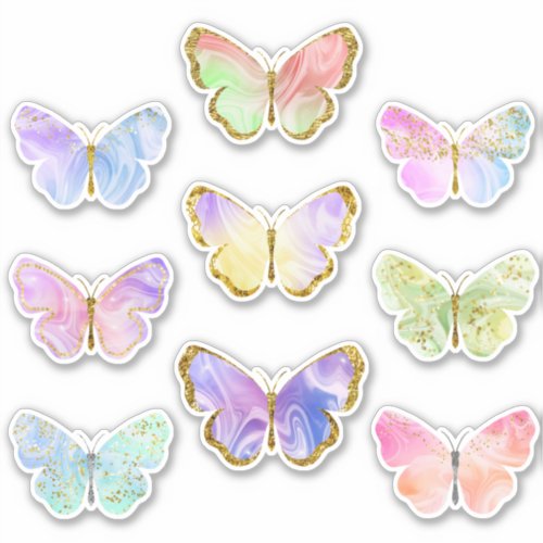 Rainbow colorful gold glitter butterflies stickers