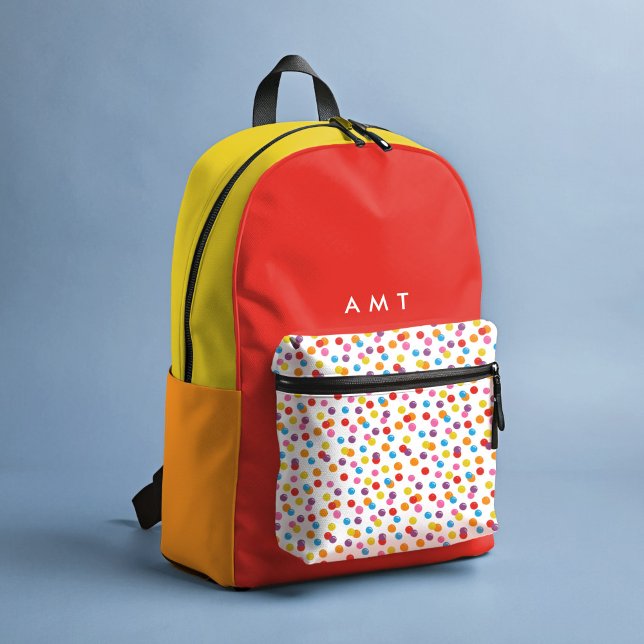 Rainbow Colorful Gumball Personalized Name Initial Printed Backpack (Bright, primary colors personalizable school backpack featuring a rainbow gumball candy pocket.)