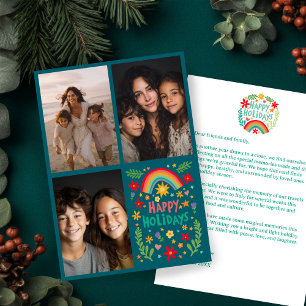 Rainbow Colorful Hand-Drawn CUSTOM 3 PHOTO Letter Holiday Card
