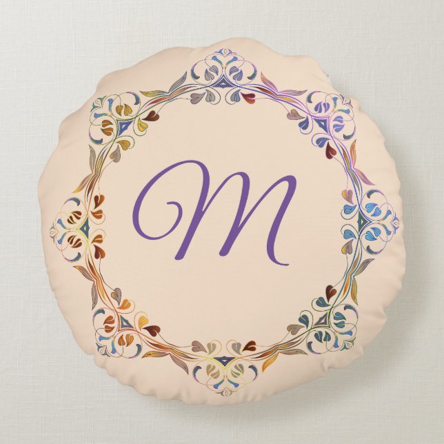 Rainbow Colorful Leaf Ring Monogram Round Pillow (Back)