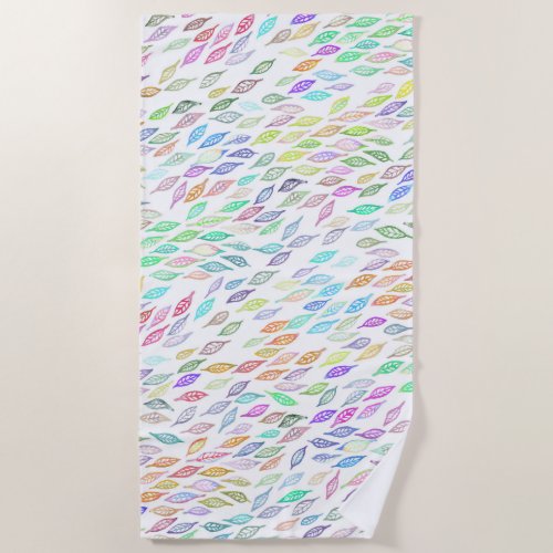 Rainbow Colorful Leaves Feather Watercolor Pattern Beach Towel