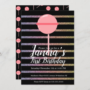 Rainbow Colorful Lollipop Candy Bar First Birthday Invitation