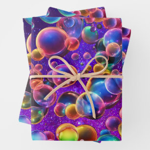Rainbow Colorful Neon Glowing Bubbles 80s 90s Wrapping Paper Sheets