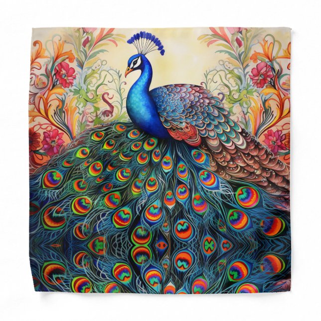 Rainbow Colorful Peacock Pocket Square Bandana (Front)