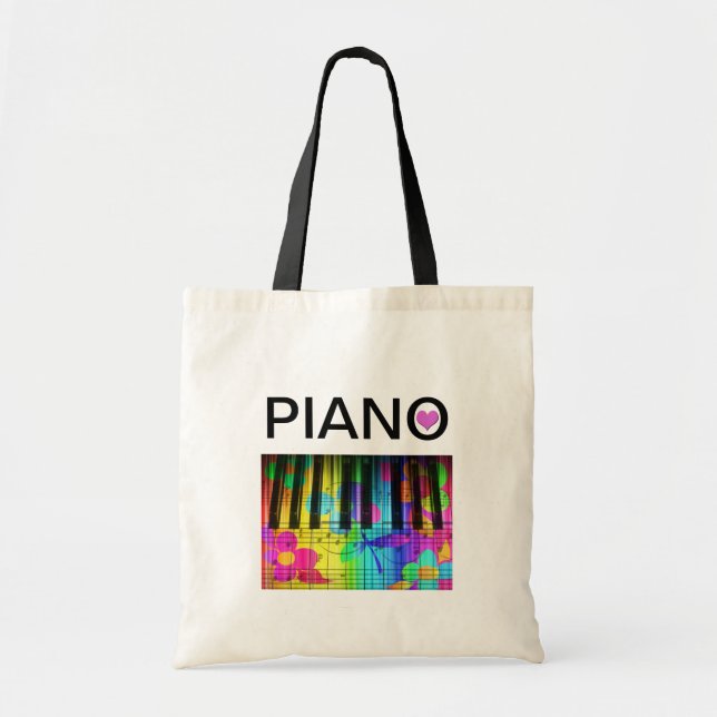 Rainbow Colorful Piano Keyboard and Notes Tote Bag (Front)