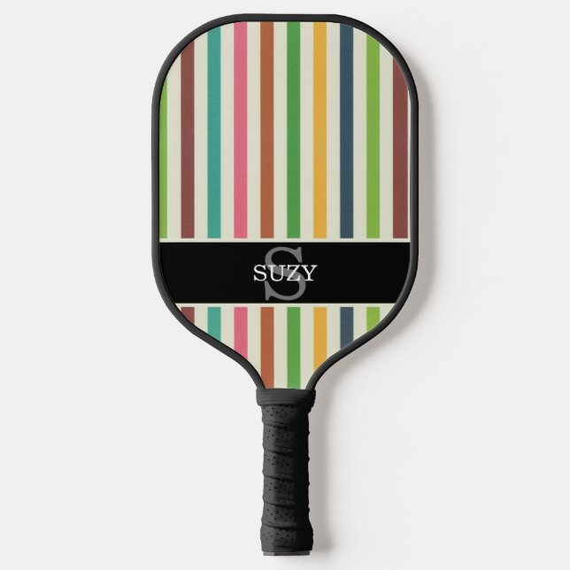 Rainbow Colorful Pinstripe Initial Monogram Pickleball Paddle (Front)