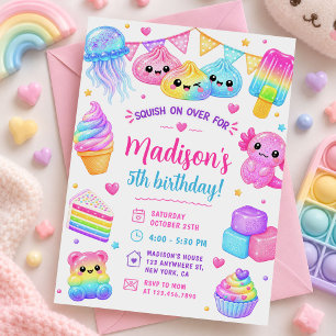 Rainbow Colorful Squishy Girl Birthday Party Invitation