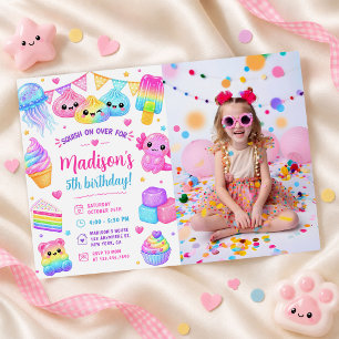 Rainbow Colorful Squishy Girl Birthday Party Photo Invitation
