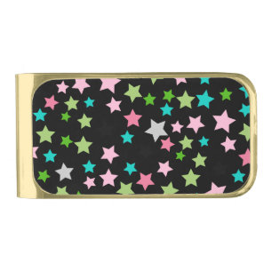 Rainbow Colorful Stars Black Starry Night Gold Finish Money Clip