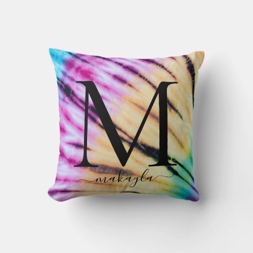 Rainbow Colorful Tie_Dye Teen Monogram Name Throw Pillow