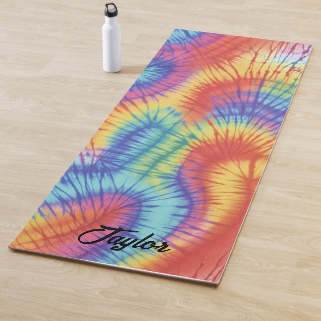 Rainbow Colorful Tie Dye Yoga Mat with custom name (In Situ)