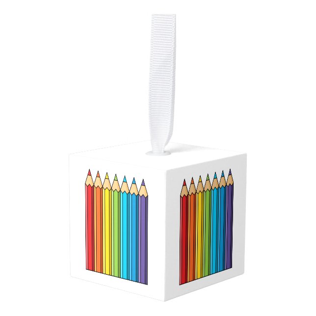 Rainbow Coloring Pencils Cube Ornament (Front Angled)