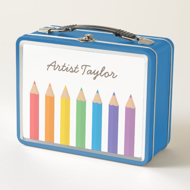 Rainbow Coloring Pencils Kids Personalized Metal Lunch Box (Front)
