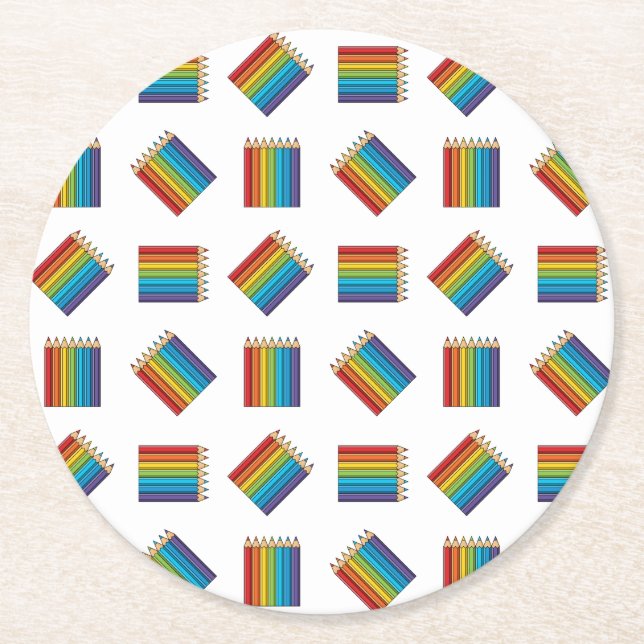 Rainbow Coloring Pencils Round Paper Coaster (Front)