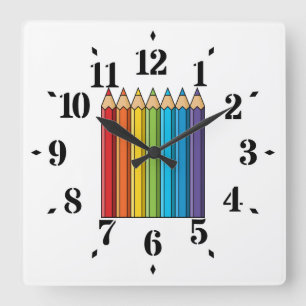 Rainbow Coloring Pencils Square Wall Clock
