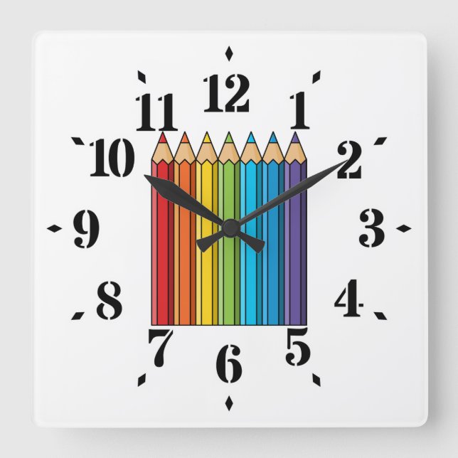 Rainbow Coloring Pencils Square Wall Clock (Front)