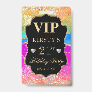 Rainbow Colors and Gold Glitter Agate Birthday VIP Badge