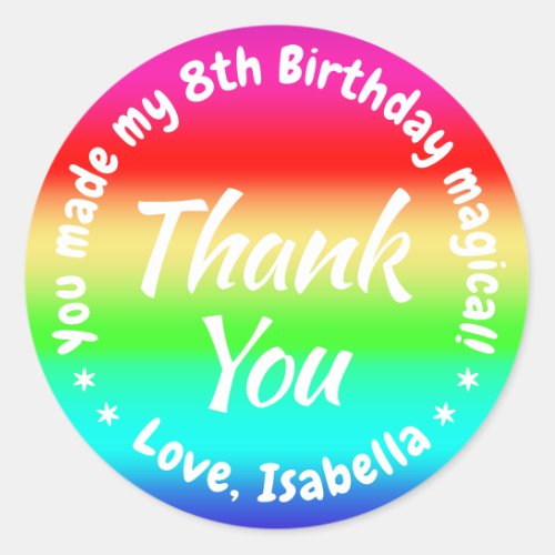 Rainbow Colors Birthday Party Girl Thank You Favor Classic Round Sticker