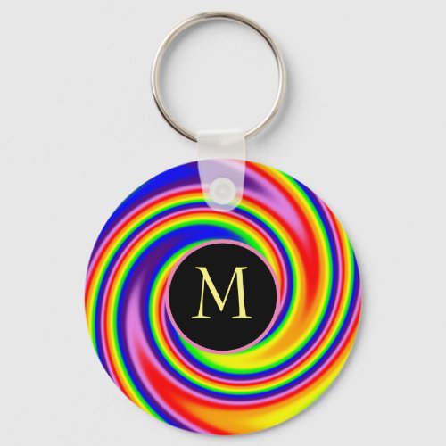 Rainbow Colors Bright Spiral Swirl Custom Monogram Keychain