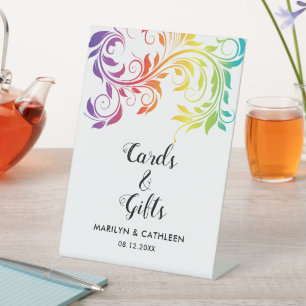 Rainbow colors colorful scroll gay lesbian wedding pedestal sign