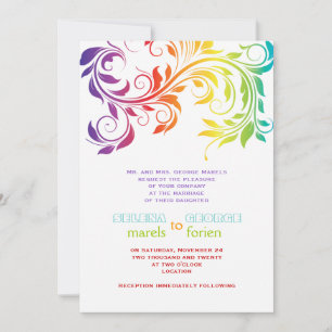 Rainbow colors colorful scroll leaf wedding invitation