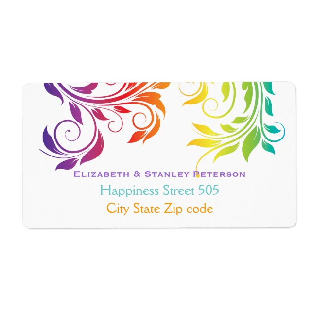 Rainbow colors colorful scroll leaf wedding label (Front)