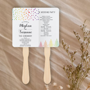 Rainbow colors confetti and trees wedding program hand fan