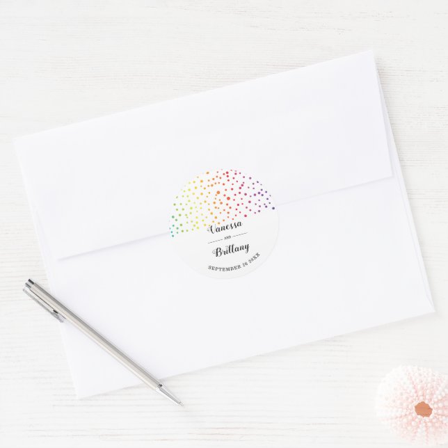 Rainbow colors confetti gay lesbian wedding classic round sticker (Envelope)