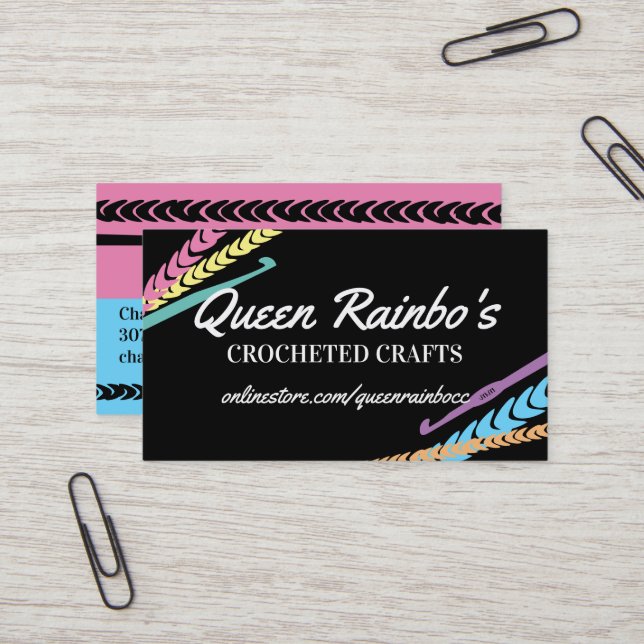 Rainbow colors crochet hook yarn stitches business card (Front/Back In Situ)