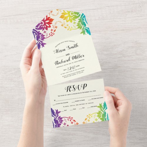 Rainbow colors damask gay lesbian wedding all in one invitation