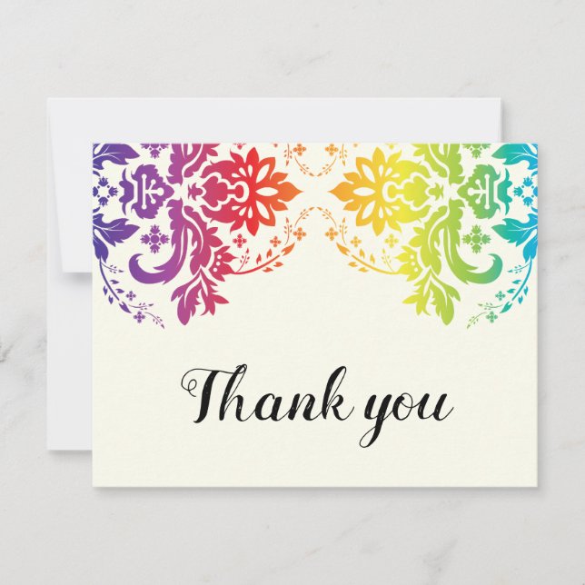 Rainbow colors damask lesbian wedding Thank You Card (Front)